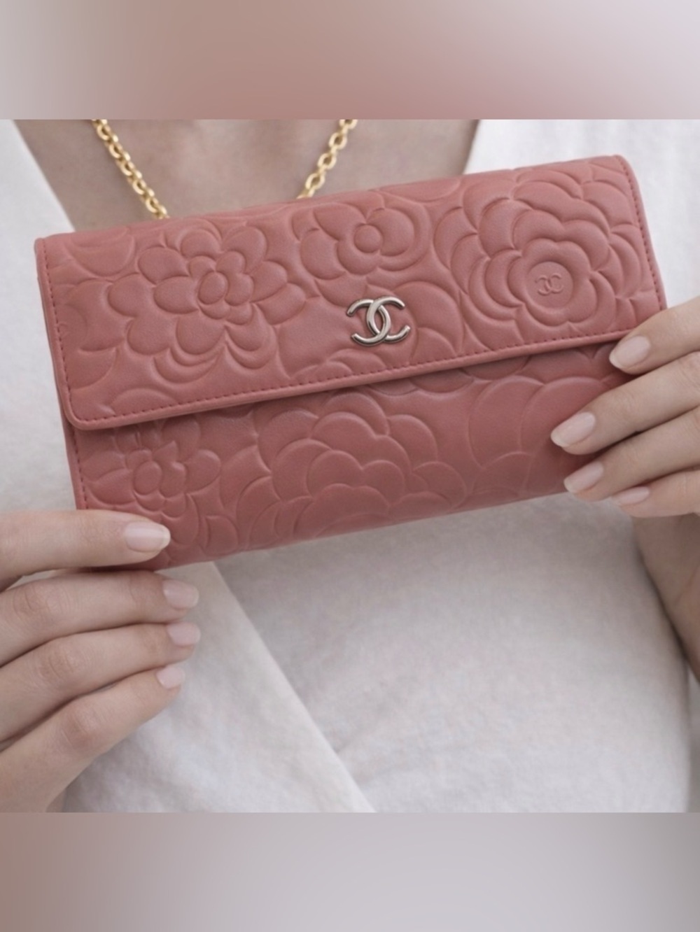 Chanel Pink Floral Embossed Wallet